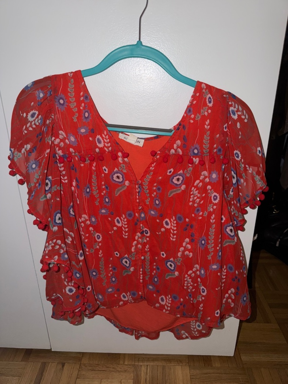 Allison Clothing Red Floral V-Neck Pom-Trim Blouse
